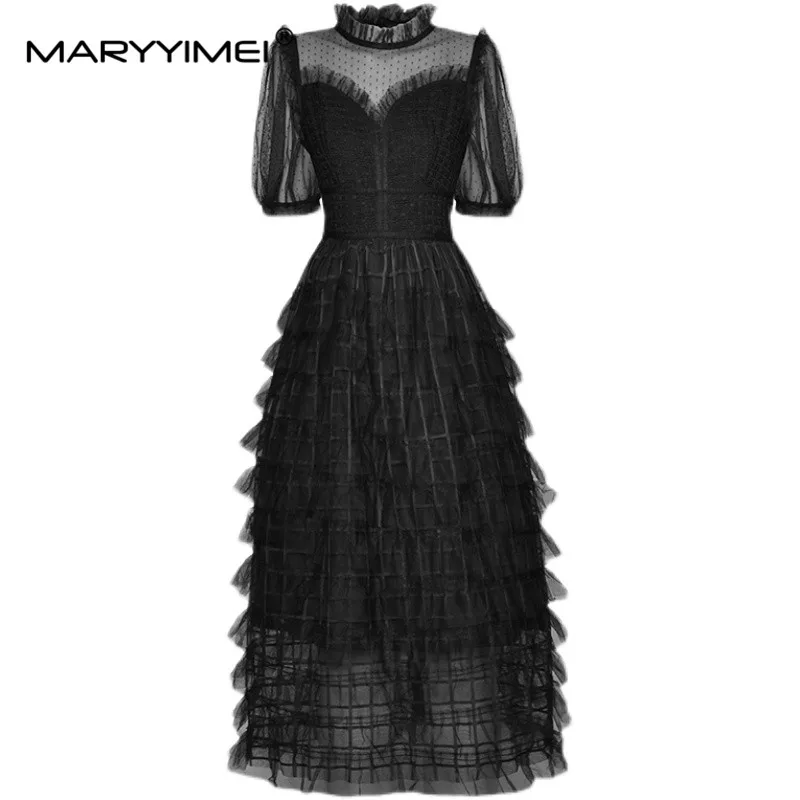 

MARYYIMEI Fashion Summer Women's dress Standing collar See through Short sleeved Mesh Cascading Ruffle Elegant Ball Gown Dresses