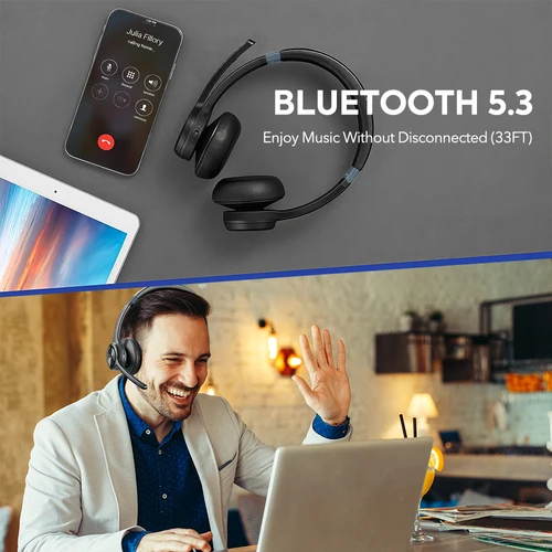 Imagen 2 del producto Mpow HC9 auriculares Bluetooth 5,3 para centro de llamadas auriculares inalámbricos mejorados de oficina 45H de larga duración CVC 8,0 micrófono con cancelación de ruido