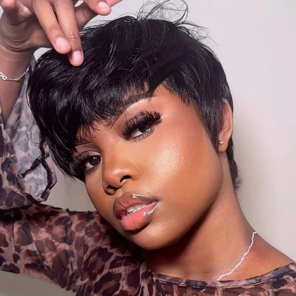 여성용 앞머리가 있는 직선 짧은 픽시 컷 가발 인모 가발 전체 기계 제작 가발