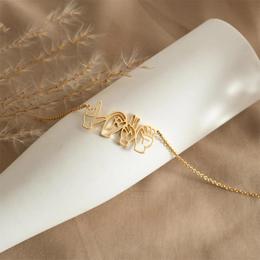 ASL اسم قلادة مخصصة لغة الإشارة القلائد للنساء هدية عيد الأم شخصية الصداقة مجوهرات اليد لفتة المختنق #4