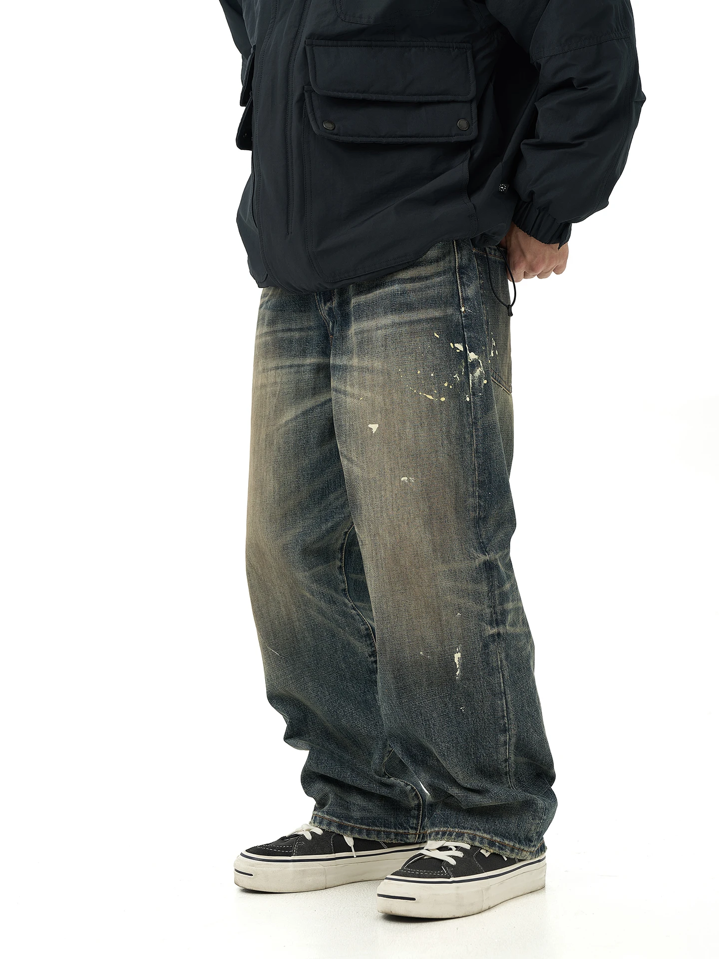 

Retro Hand-Dyed Distred Cotton Jeans Men's Straight Leg Pants Mid-Waist Button Closure Comfortable Fit Vintage Sle