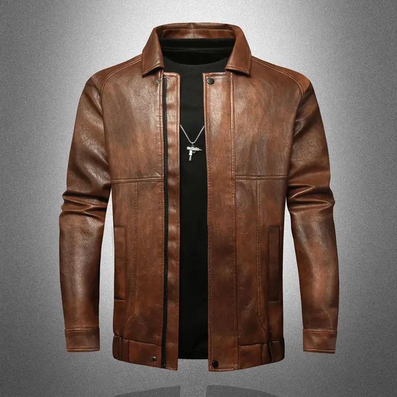 

Faionable Trendy Men's Leather Jaet S3XL Cross-Border Outerwear Sli Urban Busin Sle ort Sve Zipper Closure