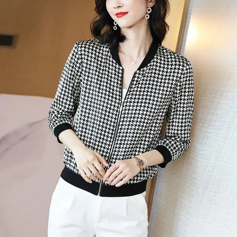 

Size M-5XL Women Chiffon Jacket Spring Summer Houndstooth Thin Coat Cardigan Female Long Sleeve Tops Woman Perspective Clothes