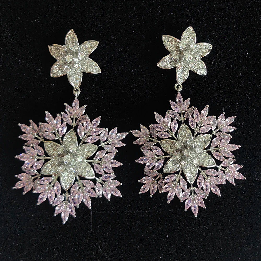 Sparkly Cubic Zirconia Pink White Snowflake Earrings For Women Statement Dangle Earrings Elegant Gala Event Jewelry