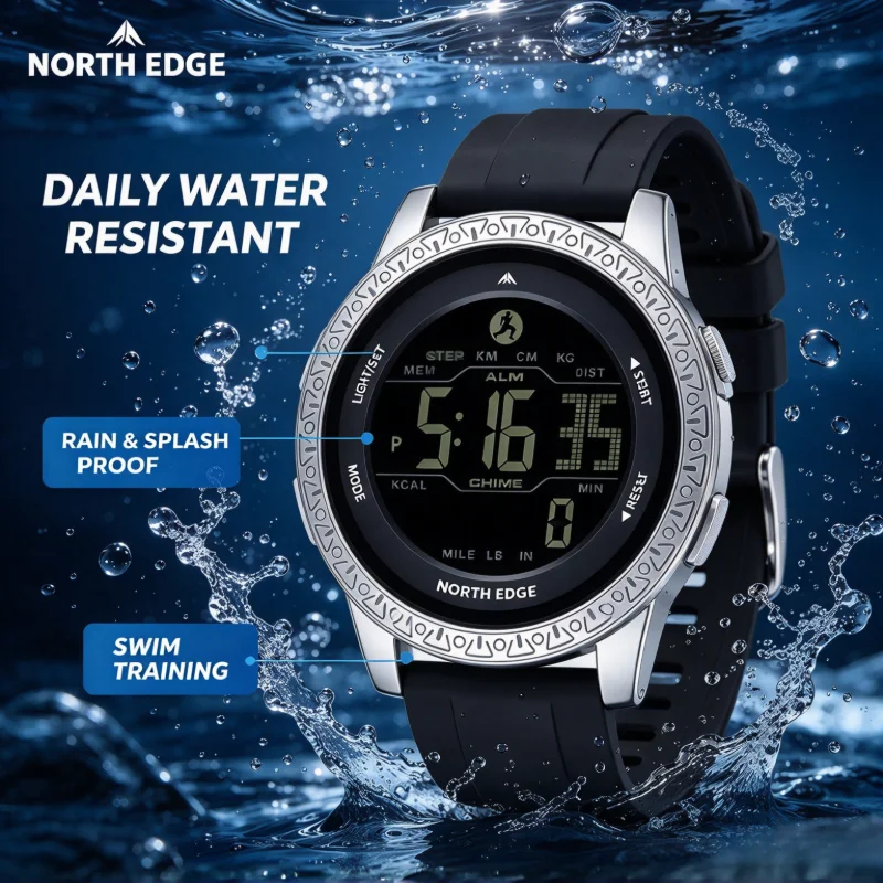 NORTH EDGE APOLLO Unisex 50M Waterproof Digital Sports Watch with Pedometer Calorie Counter Dual Time Stopwatch Alarm Features