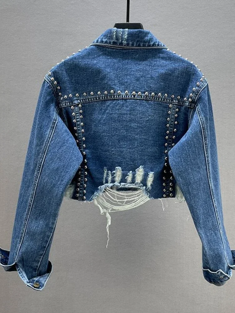 2024 Women\'s Jacket Spring Summer Casual Rivet Vintage Denim Long Sleeved Top Fashion Versatile Pocket Short Denim COAT Female