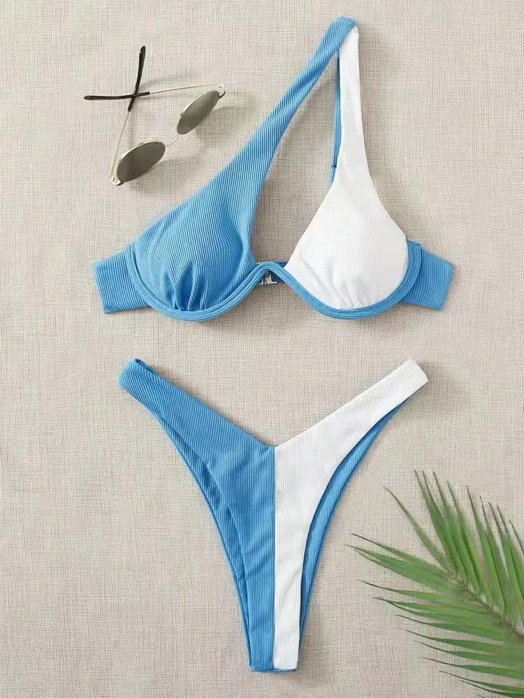 2024 luxo duas peças sólido retalhos underwire push up um ombro cortar beachwear banho biqunis biquíni tanga brasileira