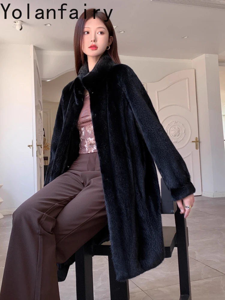 YOLANFAIRY جديد معطف فرو المنك الحقيقي المرأة سترة 2025 الشتاء الفاخرة منتصف طول معطف الفرو الطبيعي امرأة الوقوف طوق معاطف الفراء الأسود #5