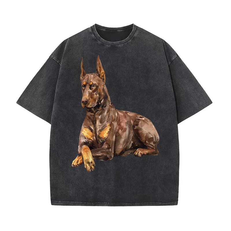 

Watercolor Portrait Doberman Pinscher For Dog Owners Pure Cotton T-shirt For Man Oversized Art Graphic Clothing Printed