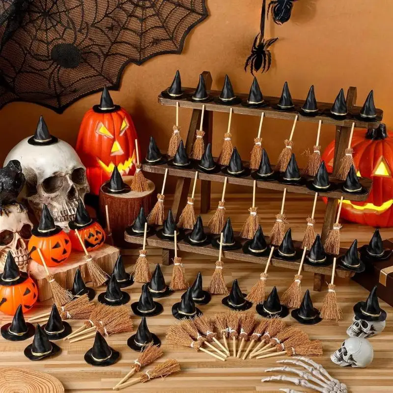 12/24Pcs Mini Witch Hat And Mini Brooms For Halloween Party Craft Witches Decor Accessories