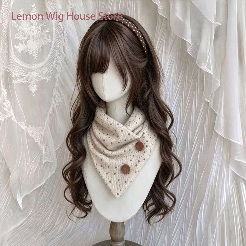 Dark Brown Wig with Bangs Long Wavy Synthetic Lolita Wigs Middle Part Natural Wig for Women Daily Use High Quality Fiber Wig