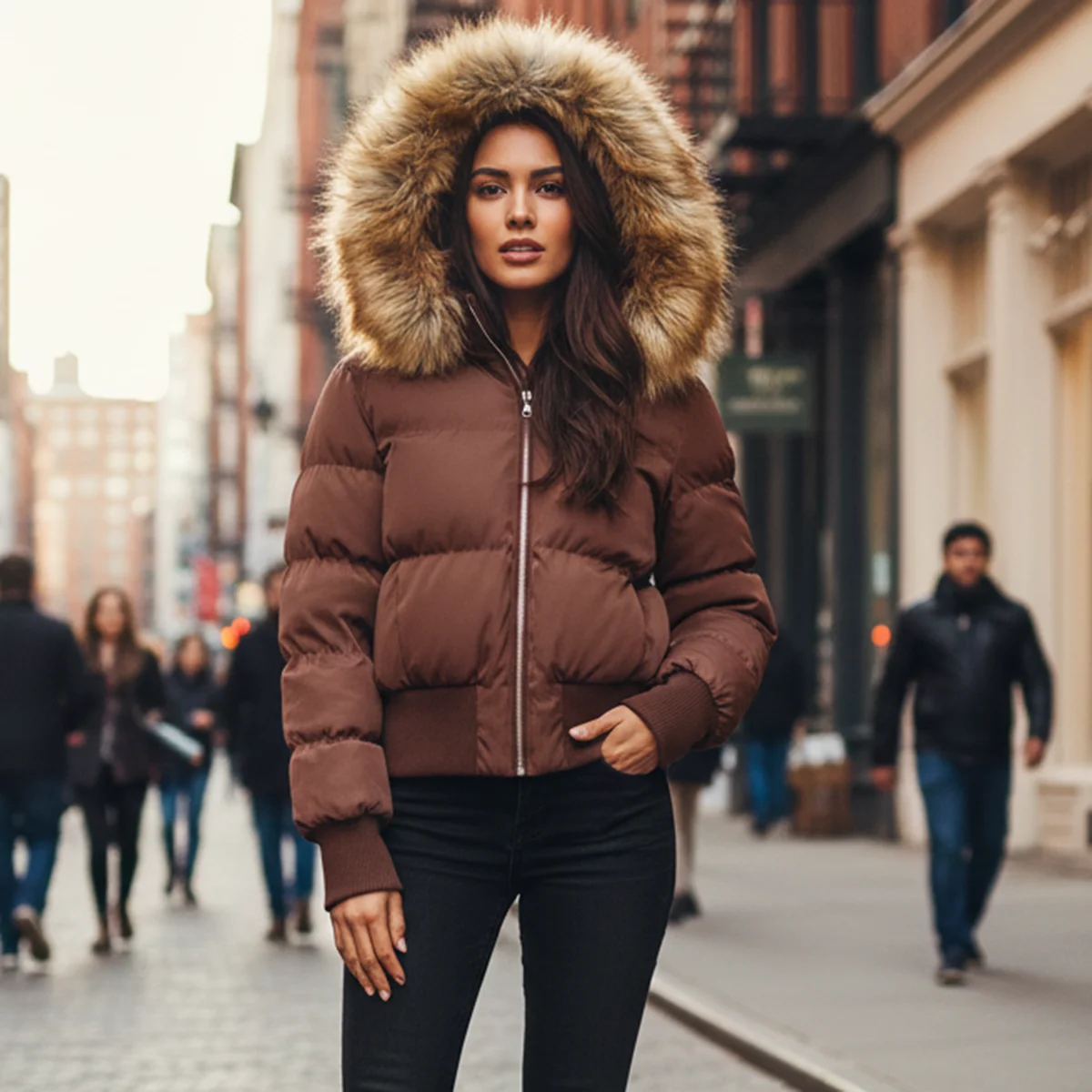 

2026 женская куртка-пуховик из искусственного меха с капюшоном и отделкой, стеганые изолированные ребристые манжеты по подолу, теплое зимнее пальто, повседневная верхняя одежда для холодной погоды