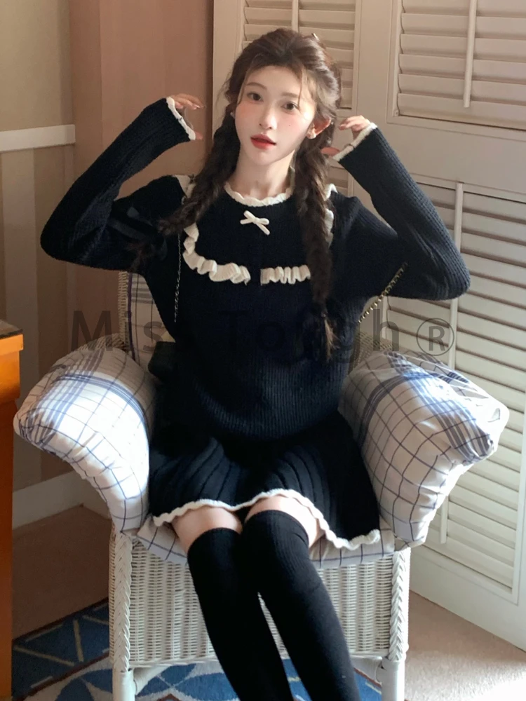 Winter Elegant Knitted 2 Piece Set Women Bow Ruched Sweater + Mini Pleated Skirt Female Korean Fashion Sweet Casual Set 2023 New