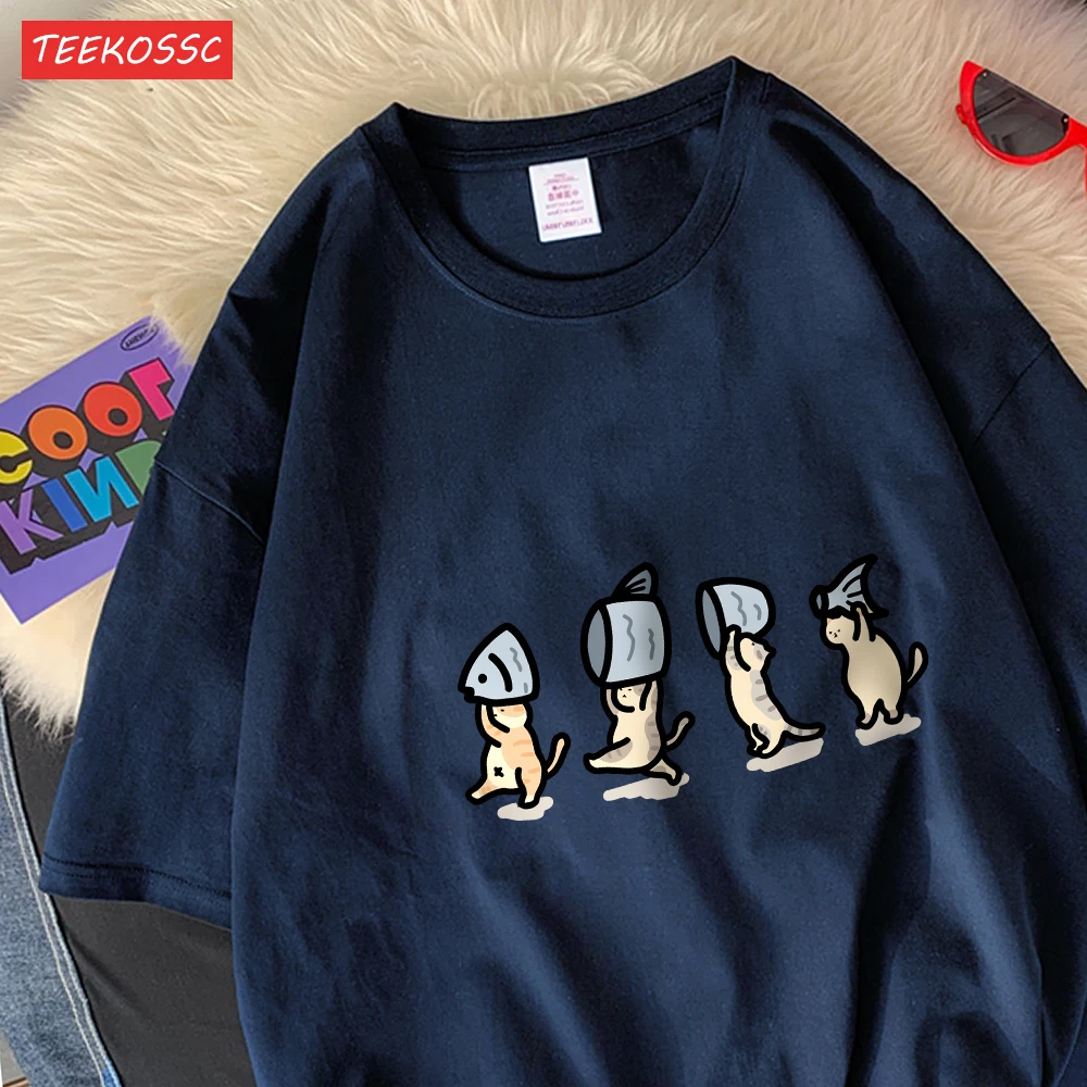 Vier Kleine Katzen Halten Fishcotton Frauen T-Shirts Cartoons Drucke T Shirts Weiche Oansatz Lose Kurzarm Tops Sommer Kleidung – Detail 33