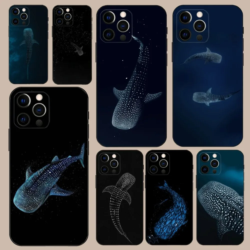 Ocean Whale Shark Swimming Phone Case For iPhone 16,15,14,13,12,11,Pro,X,XS,Max,XR,Plus,Mini Soft Black Cover