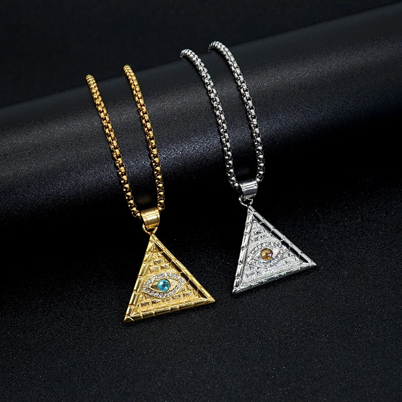 

Hip Hop Bling Iced Out Solid Stainless Steel Illuminati Masonic Pyramid Eye of God Pendants Necklace for Men Rapper Jewelry