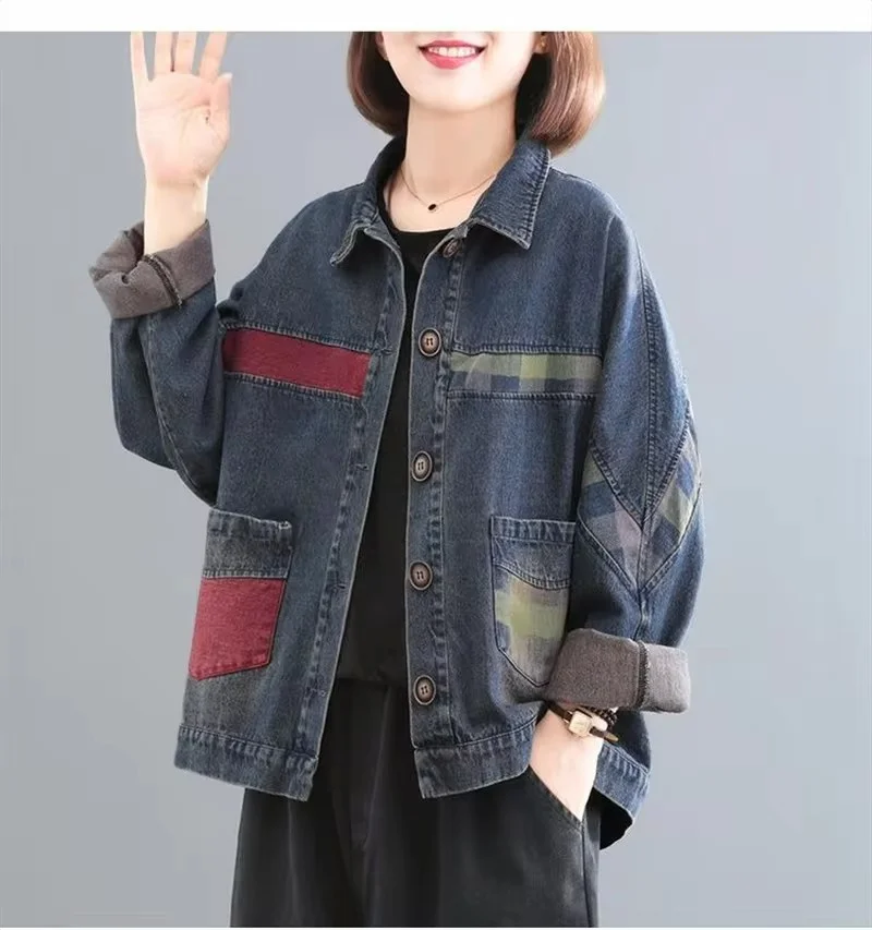 Herfst Winter Grote Maat Dames Spijkerjack Artistieke Stijl Retro Casual Pluche Dikke Denim Kleding Bovenkleding Dames Shirts