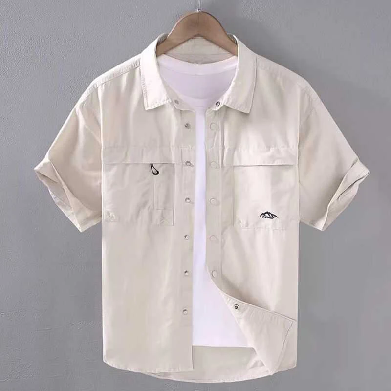 Men Fashion Vintage Pockets Lapel Short Sleeve Button Up Work Cargo Shirt 2024 Summer Casual Solid Loose Tops Camisas De Hombre