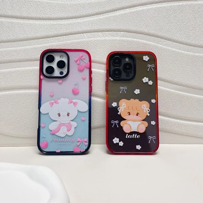 

White Cat Brown Bear Colorful Border 2.5 Acrylic Phone Case Cover for IPhone 12 13 14 15 16 Pro Max Case