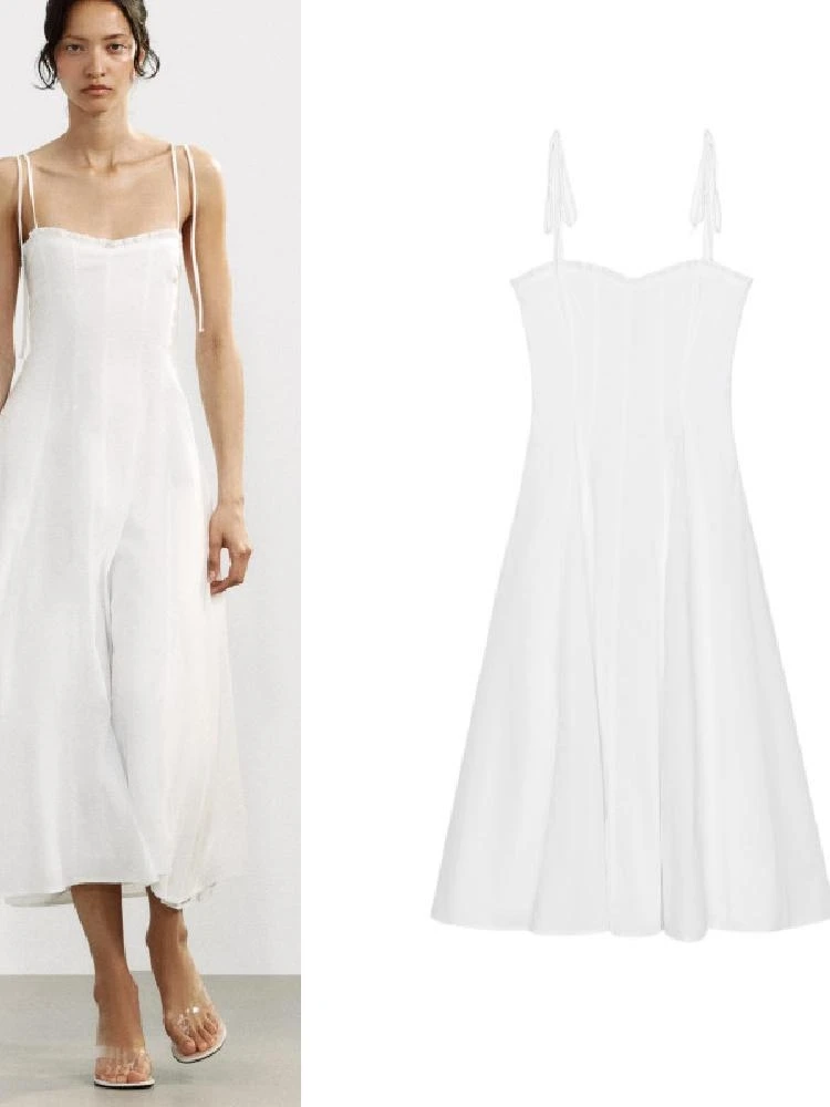 Novo Vestido Midi F de Verão com Alça e Saia Longa, Decorações em Camadas, Estilo Envolvente em Tule de Seda, Sem Mang...