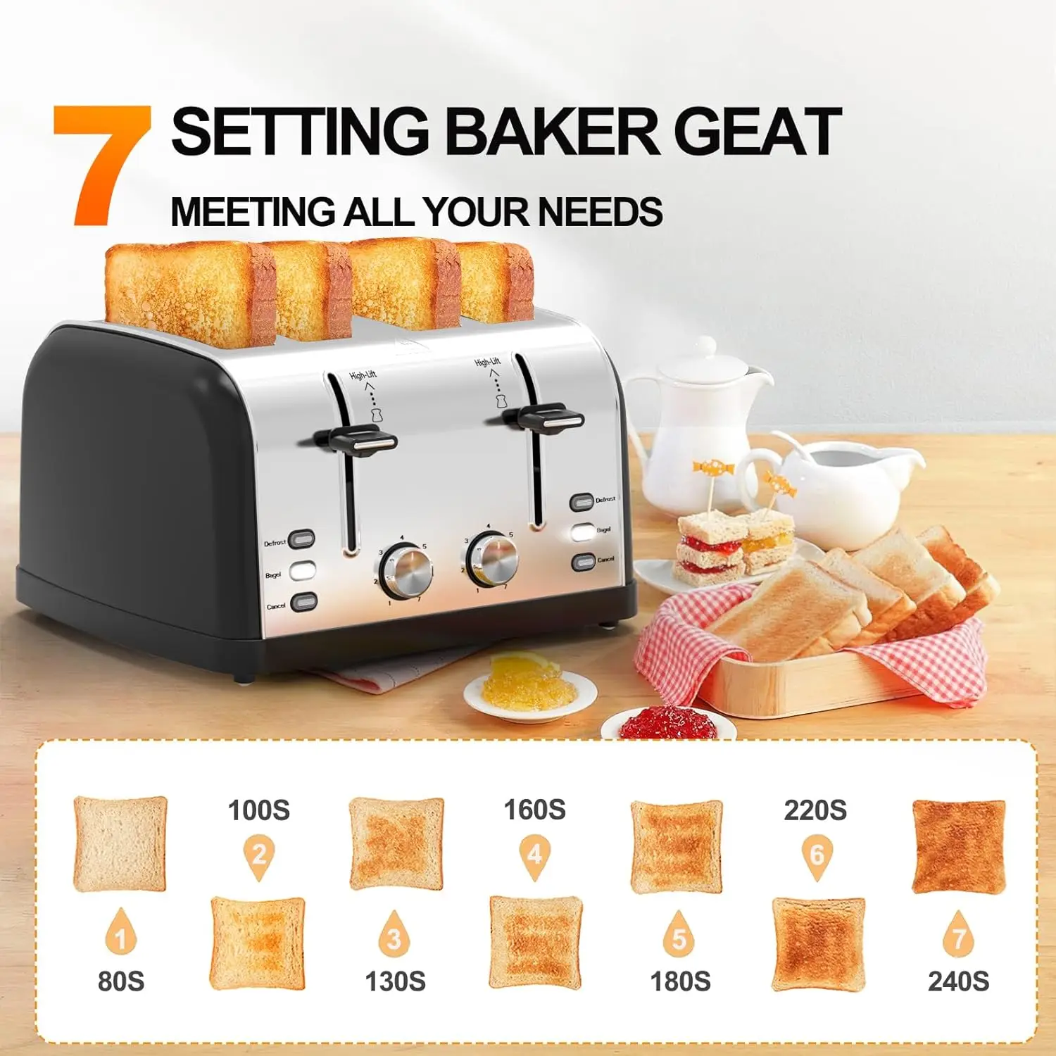 Toaster 4 Slice,Retro Stainless Steel Toater with 7 Shade Settings,Best Prime Toaster for Waffles, 4 Slice Wide Solt Toaster