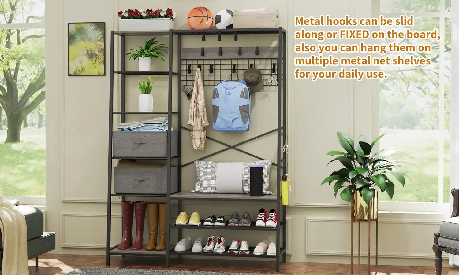 Modern Versatile Hall Tree with 10 Fixable Metal Hooks, Coat Rack Stand with 6 Side Shelves