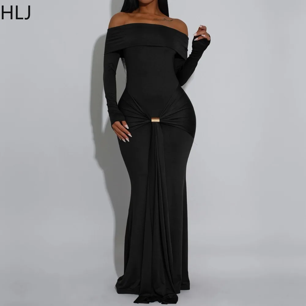 

HLJ Sexy Bandage Patchwork Bodycon Dresses Women Solid Color Off Showlder Backless Long Sleeves Dress Female Streetwear Vestidos