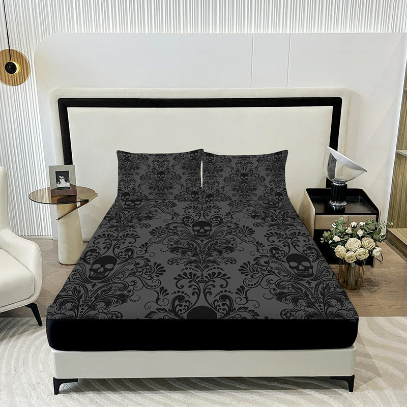 3pcs Skull Flower Bed Sheet Set With Flower Skull Pattern, Includes 1 Fitted Sheet And 2 Pillowcases, Suitable For All Seasons