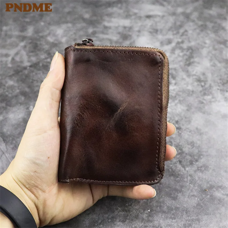 Vintage simple Men women soft genuine leather 2 zipper multi function coin purse natural cowhide small money and cards Wallets