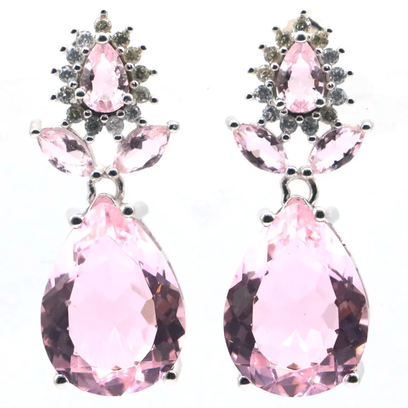Real 925 Solid Sterling Silver Earrings 30x12mm Lovely Cute Swiss Blue Topaz Pink Kunzite Rich Blue Violet Tanzanite White CZ
