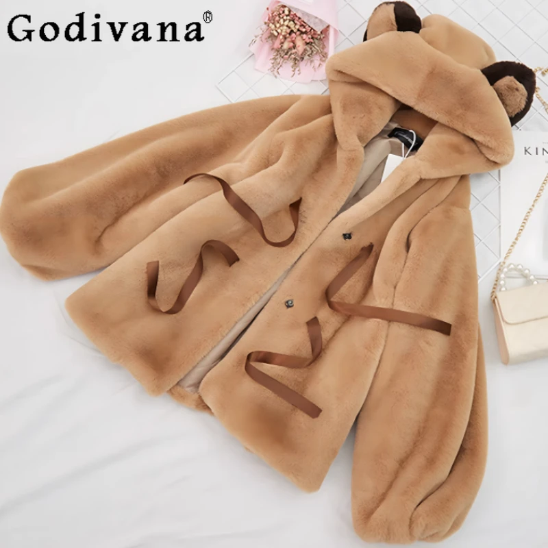 

Лолита, осень-зима, милое утолщенное искусственное меховое свободное короткое пальто с капюшоном, модное пальто с длинными рукавами и игривым бантом