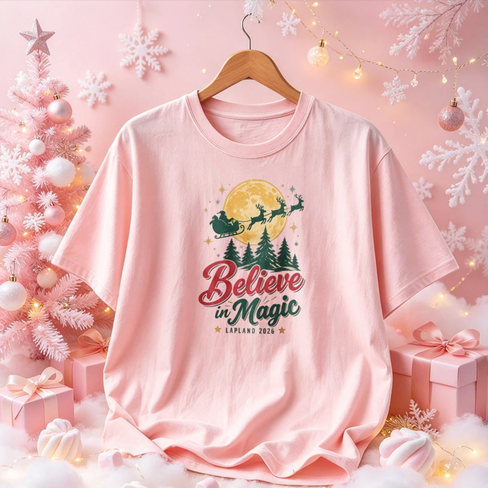 Believe in Magic Lapland 2026 Santa Sleigh Reindeer Moon Pine Tree Graphic Tee Vintage Christmas Print Holiday Casual Tops Gift