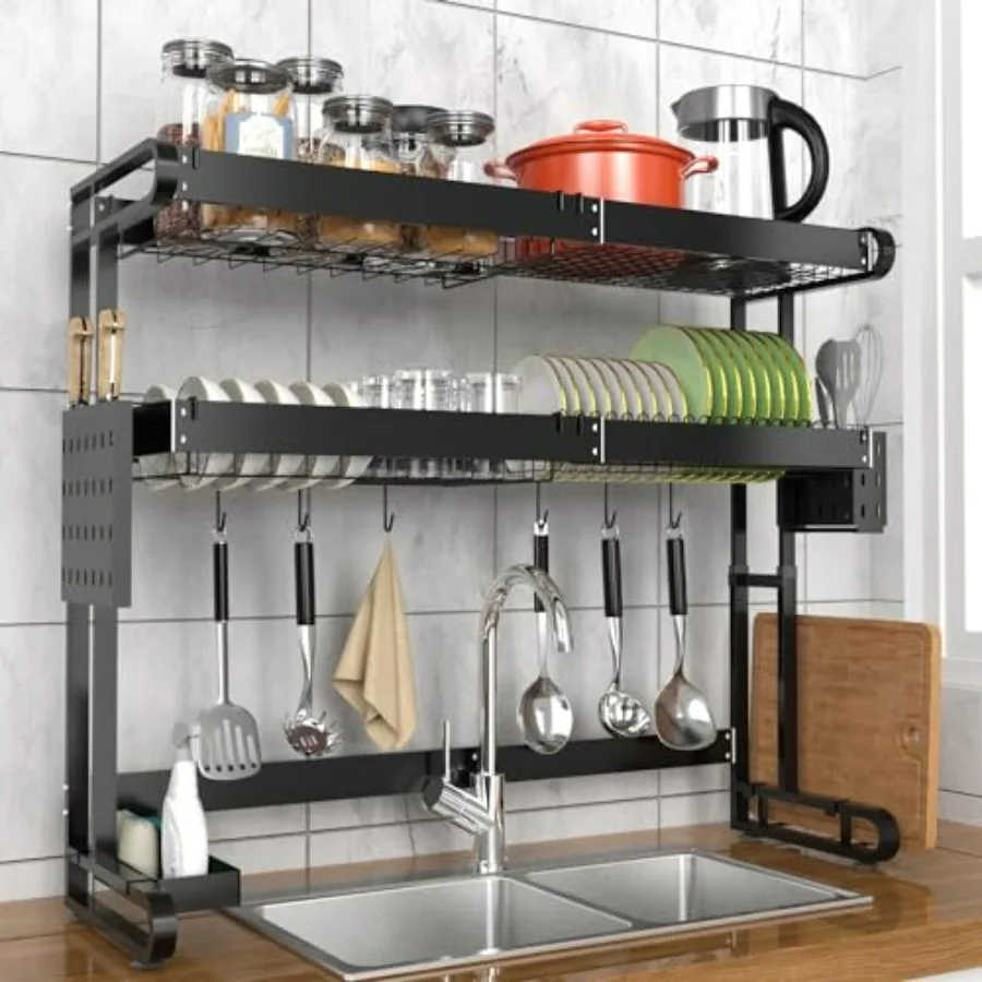 

Over The Sink Dish Drying Rack Full Stainless Steel Large Storage Kitchen Dish Rack 2 Tier Expandable Hght and Length Black 21.