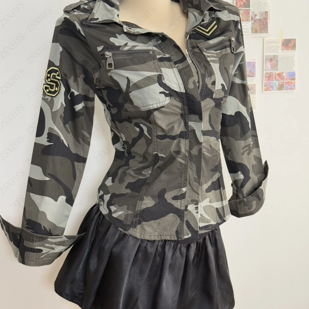 เสื้อเชิ้ตคาร์โก้ลายพรางสำหรับผู้หญิง แฟชั่นสตรีทสุดฮิต สไตล์เซ็กซี่ลำลอง ทรงเข้ารูป แขนยาว สไตล์อเมริกัน วินเทจ แคชชวล ยุค Y2K
