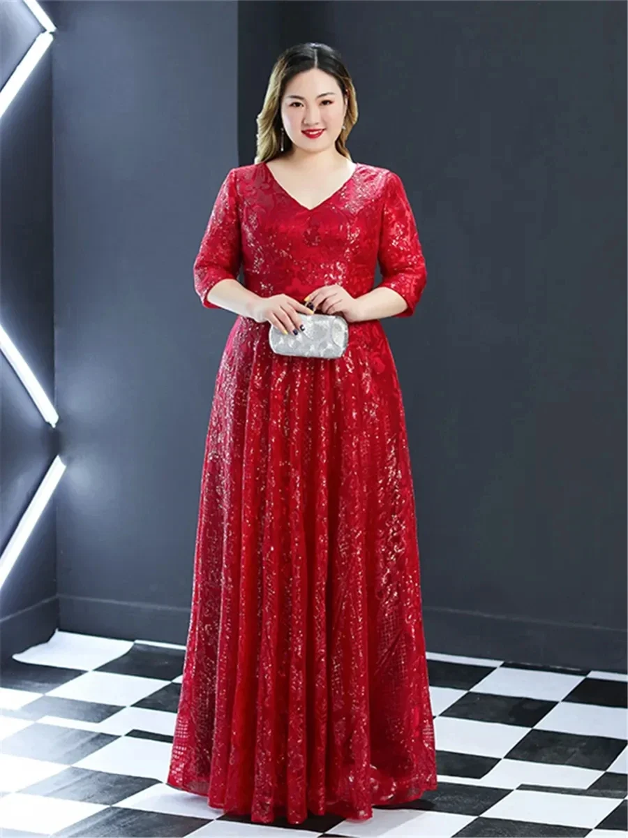 

Evening Dresses Burgundy Sequins V-neck 3/4 Sleeves Lace up A-line Floor Length Pleat Simple Woman Plus size Party Formal Gown