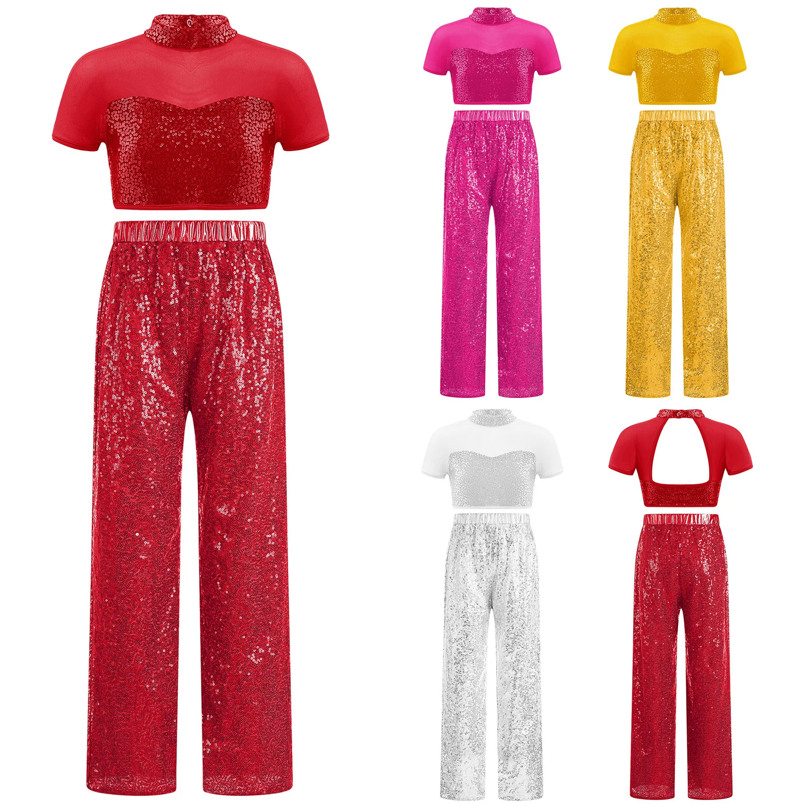 

‌Glitter Dancewear Set for Girls Sequin Mesh Patchwork Top with Elastic Waist Pants for Jazz Dance Performances Competitions