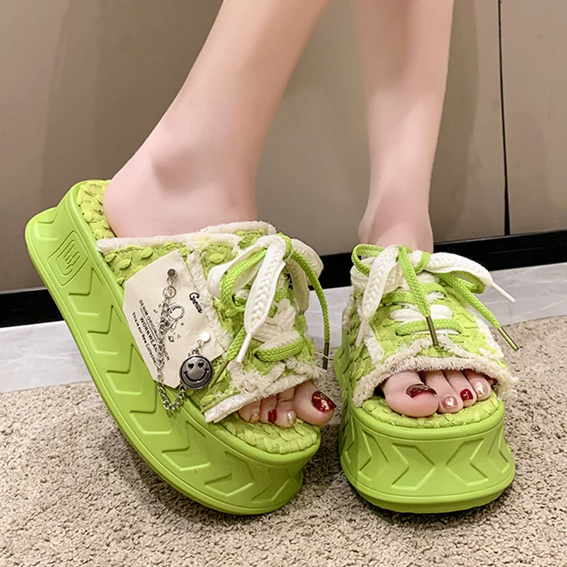 Summer Women Weave Slippers Platform Shoes Fashion Design Mules Flip Flops Candy Color Sandals Flat Casual Shoe For Female 35-40