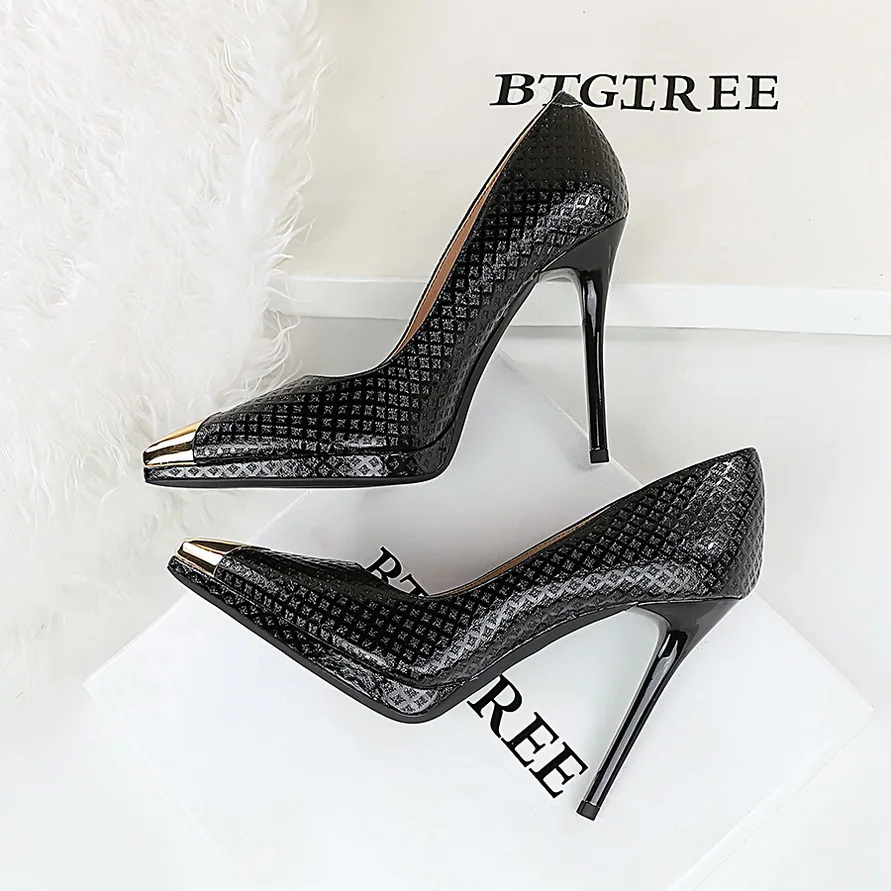 أحذية BIGTREE منقوشة من الجلد اللامع للنساء أحذية معدنية ذات طرف مدبب بكعب عالي أحذية الحفلات المثيرة بكعب 11.5 سم منصة #4