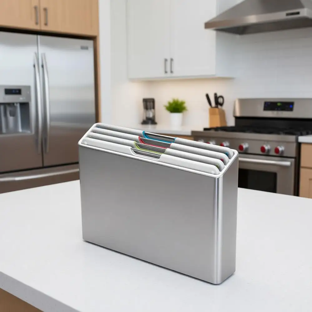 

Набор из 4 разделочных досок с цветовой кодировкой и тонким стальным кейсом для организации кухонного хранения в светлых каменных тонах