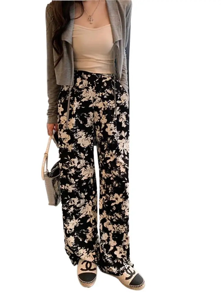 

Retro Wide Leg Pants Black White Pants With Pocket 2024 Casual Chiffon High Waisted Pants For Women Straight Leg Pants Plus Size