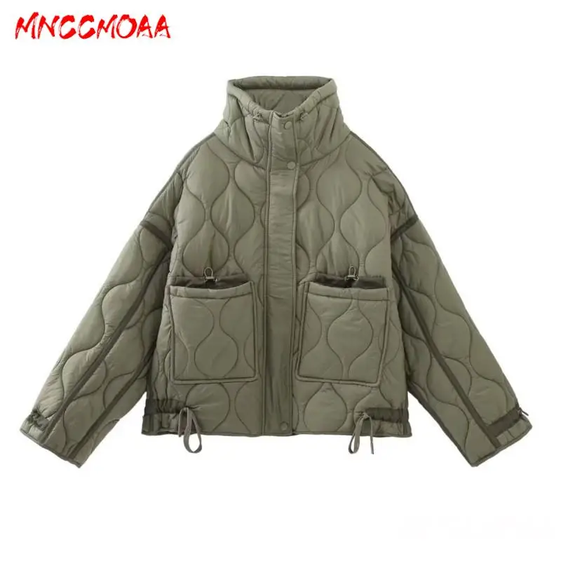 MNCCMOAA 2023 Winter Women Fashion Loose Stand Neck Button Pocket Parkas Coat Female Solid Casual Long Sleeve Top Outerwear