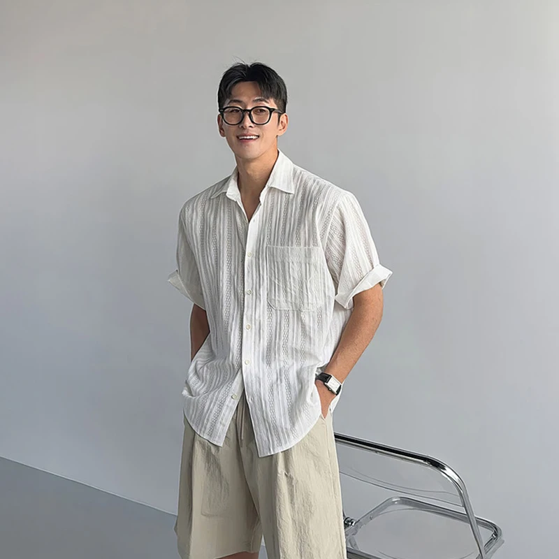 WTHT Fashion Men's Texture Hollow Out Solid Color Design Shirts Trendy 2026 Summer Single Breasted Lapel Loose Tops Male 2A3143