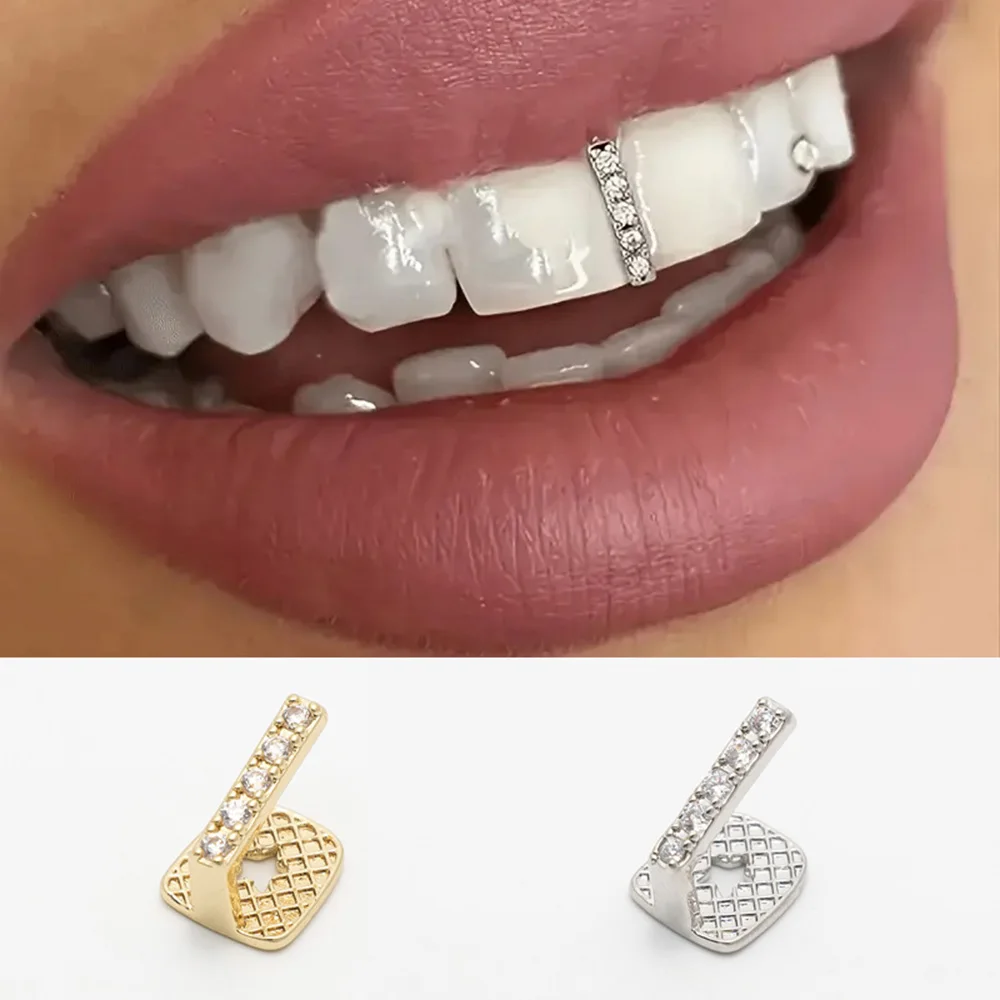 YOUNGX Hip Hop Single Vertical Bar Zircon Teeth Grillz Gold Silver CZ Stone Tooth Caps For Women Men Jewelry Dental Grills