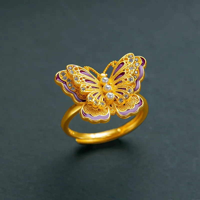 

Luxury 24K 9999 Pure Gold real gold Women's Pearl Butterfly Ring Double Enamel Color Ring Adjustable Finger Ring