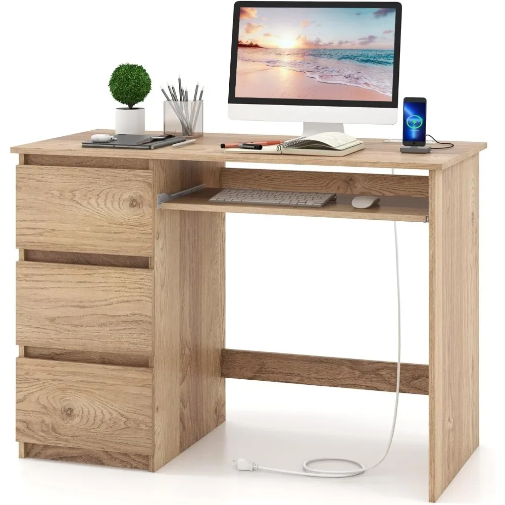 

Computer Desk with 3 Storage Drawers & Built-in Charging Station, Home Office Desk with Keyboard Tray, PC Desk Study Writing
