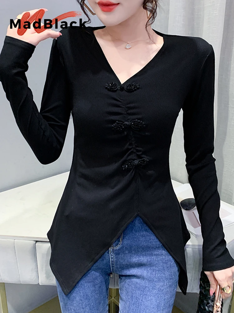 

MadBlack Autumn European Clothes Tshirts Female Sexy Irregular V Necks Beaded Frog Slim Cotton Tops Long Sleeve Tees T36331JC