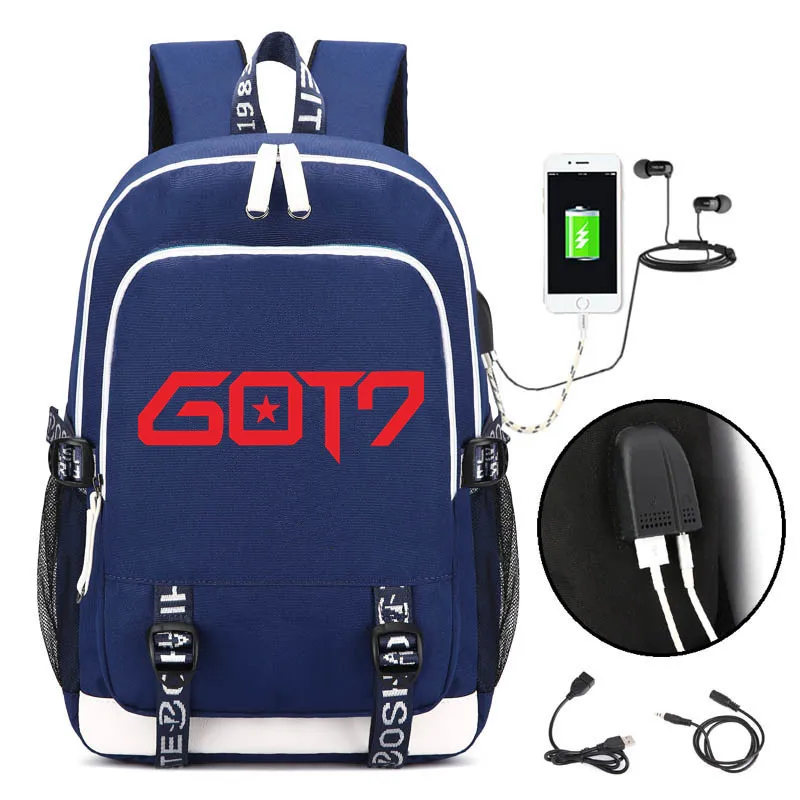 GOT7 Idol Team Backpack Rucksack Bag w/ USB Fashion Port / Lock / Headphone interface Students Book Laptop bag