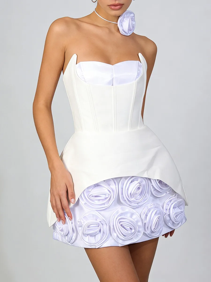 TWOTWINSTYLE ヒットカラー スプライス 3Dフラワーデザイン センスドレス レディース ストラップレス ノースリーブ ハイウエスト エレガントドレス 女性用 新作