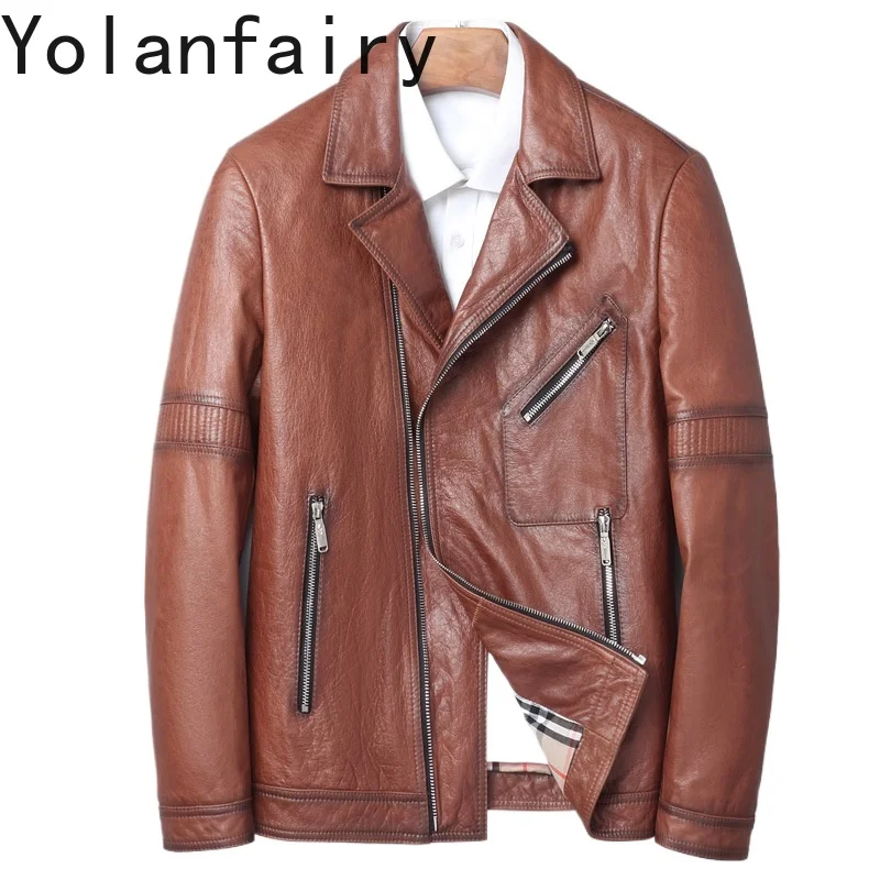 

YOLANFAIR Genuine Leather Jacket for Men Real Cowhide Autumn Coats Motorcycle Jacket Short Style 2024 Slim Fit Jaqueta Couro