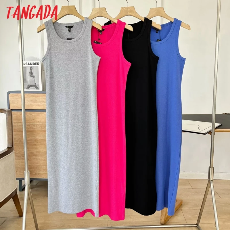 Tangada 2023 Summer Women Solid Cotton Knit Pencil Dress High Quality Elegant Ladies Midi Dress 6D225